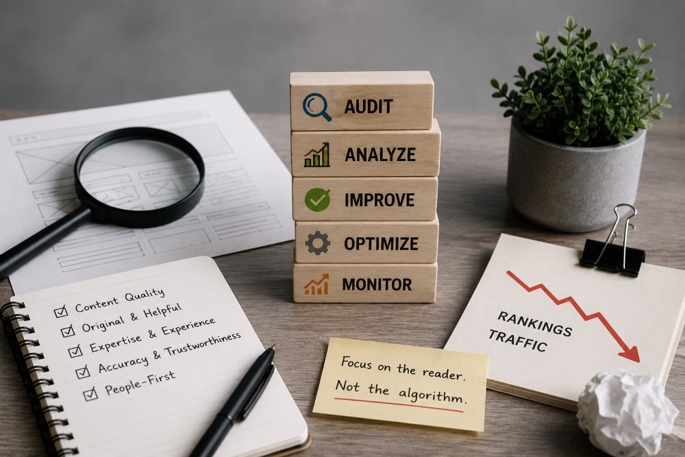 Content quality audit after a Google core update ranking drop