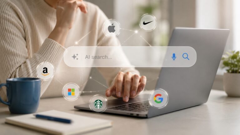 Person using a laptop with an AI search bar surrounded by the logos of well-known global brands