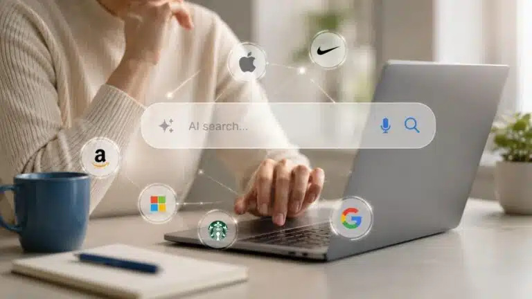 Person using a laptop with an AI search bar surrounded by the logos of well-known global brands