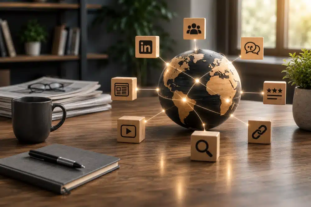 A wooden globe on a desk linked by glowing lines to wooden blocks showing people, LinkedIn, chat, review-star, link, search, video and article icons