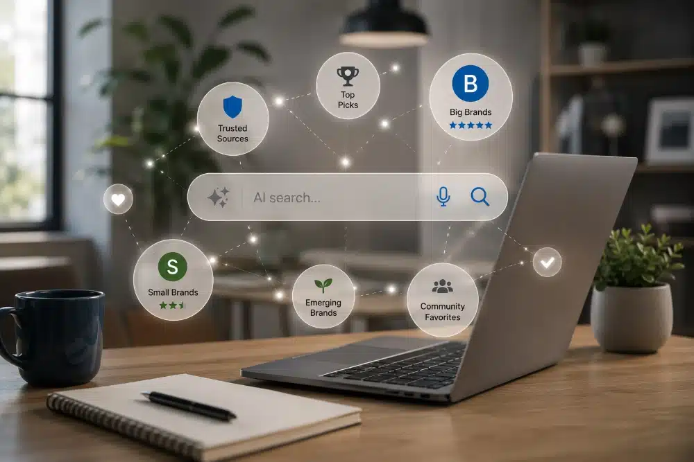 A laptop showing an AI search bar surrounded by badges labelled Trusted Sources, Top Picks, Big Brands, Small Brands, Emerging Brands and Community Favorites
