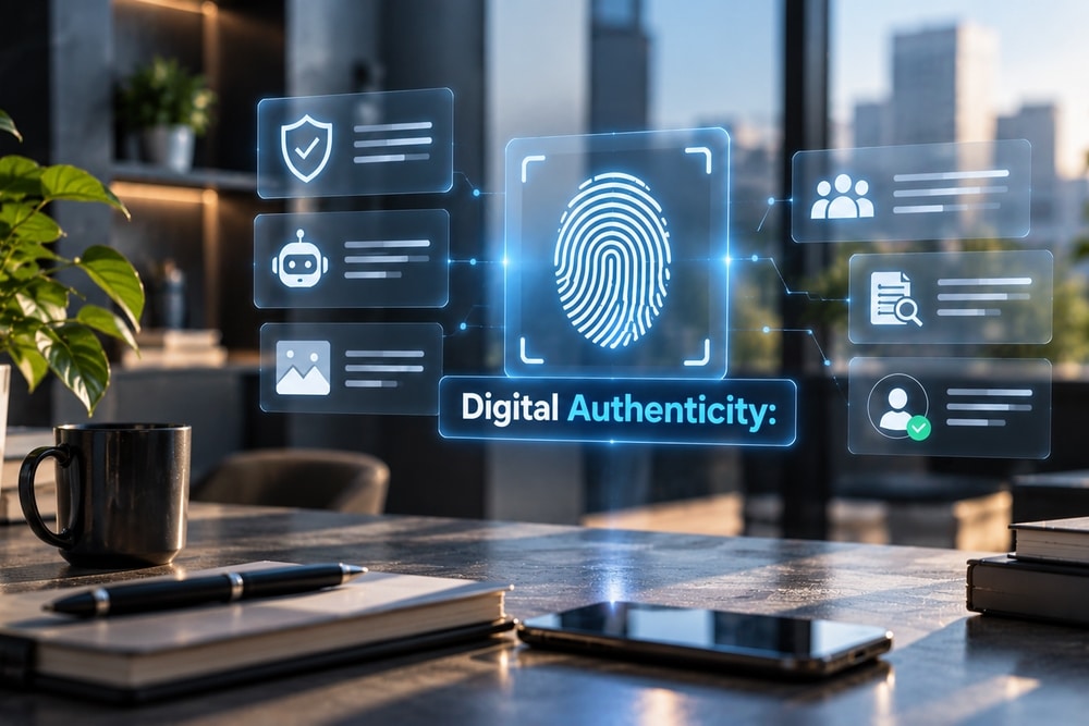 Holographic interface above a desk showing a fingerprint scan labelled Digital Authenticity, surrounded by verification, chatbot and media icons
