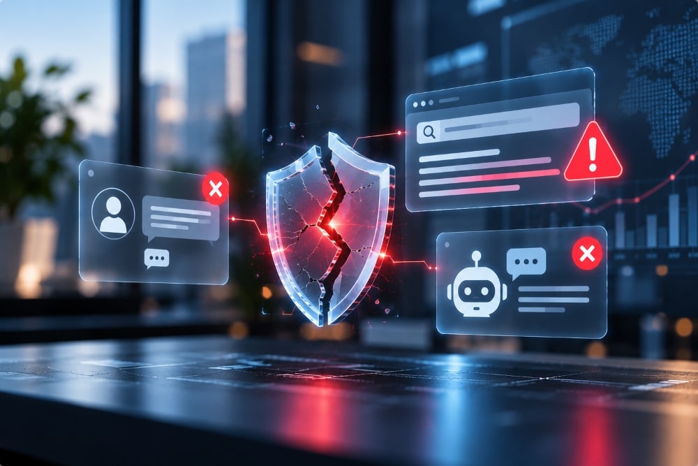 A cracked glowing shield surrounded by red warning symbols, error marks and chatbot panels, representing broken digital trust